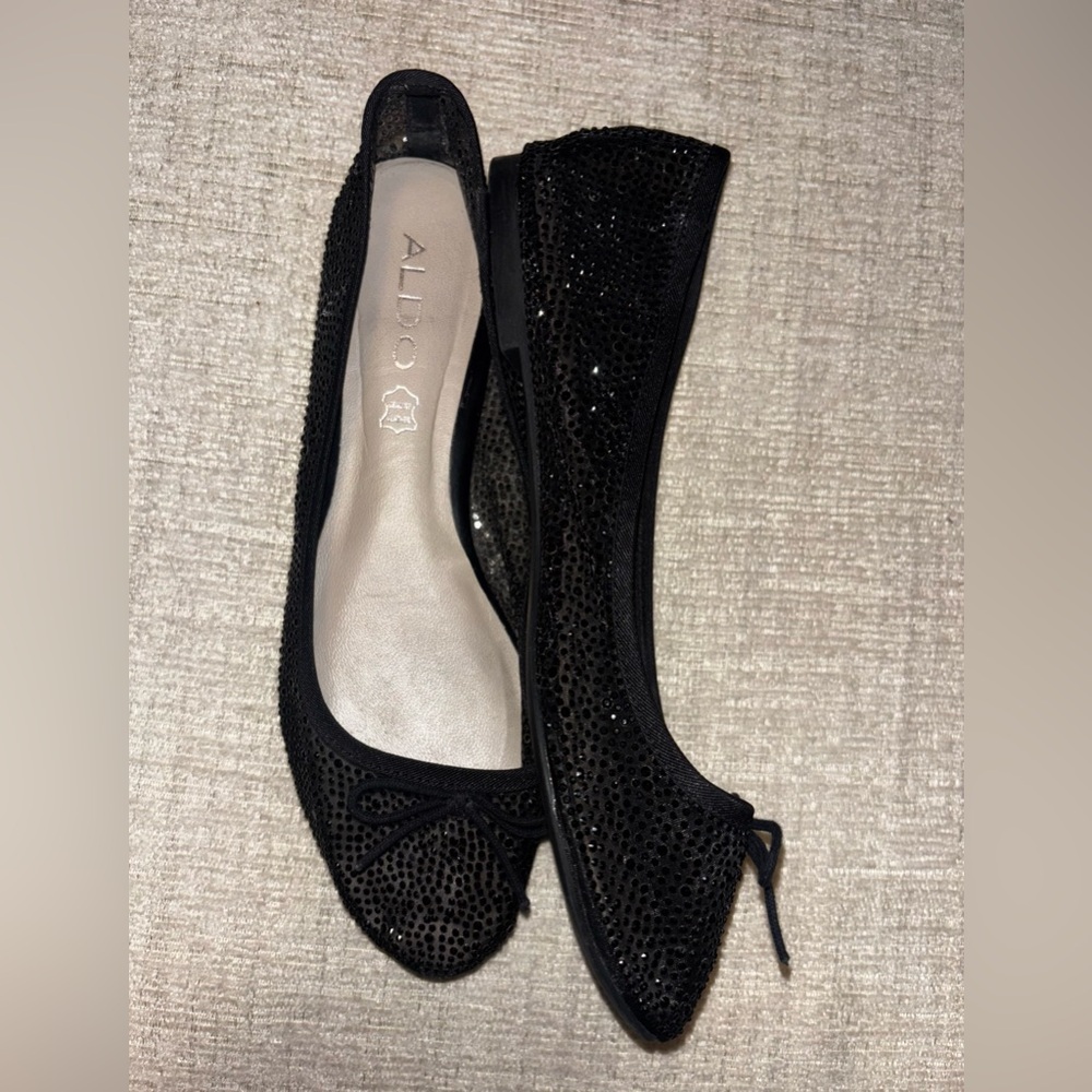Aldo Black Sparkle Ballet Flats Bow Size 7.5 Balletcore Parisian Rhinestone Glam - Picture 4 of 5